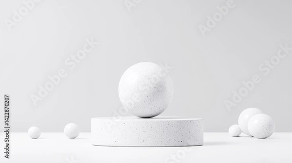 Fototapeta A white sphere balanced on a cylindrical pedestal in a minimalist setting, surrounded by smaller spheres, and abstract composition on a clean background.