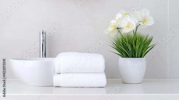 Obraz Clean, modern bathroom vanity with white towels and orchids