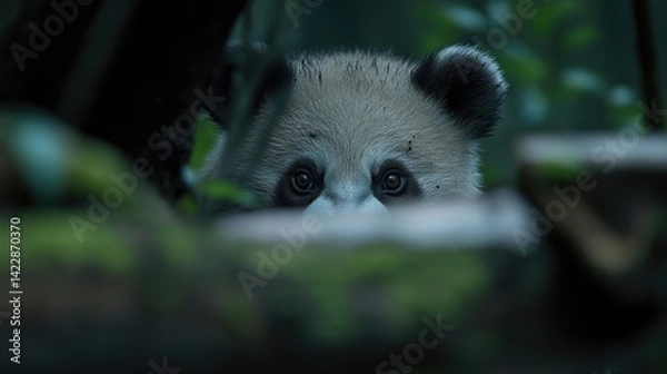 Obraz Close-up of a baby panda peeking through foliage