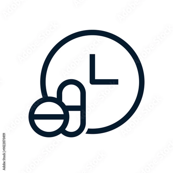 Fototapeta Hours, pills. Concept time of taking medications. Vector linear icon isolated on white background.