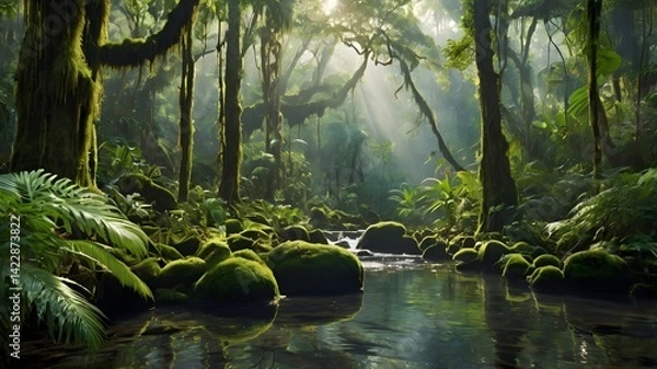 Fototapeta Vibrant rainforest with towering ancient trees, World Environment Day
