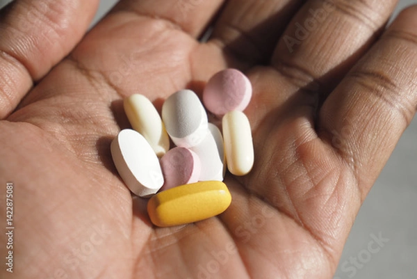 Obraz Different types of dietary supplements in a person's hand