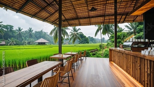 Fototapeta  a modern, open-air café with a rustic and natural style. The layout features a long wooden counter on the right, overlooking a lush green rice field, providing a serene and picturesque view. 