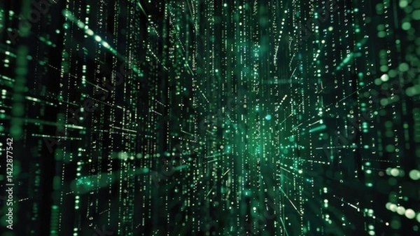 Fototapeta Abstract green digital shape or line of technological cyber style particle design connect in surreal electric style shape. High tech scene express mysterious pattern perfect for wallpaper. AIG53.
