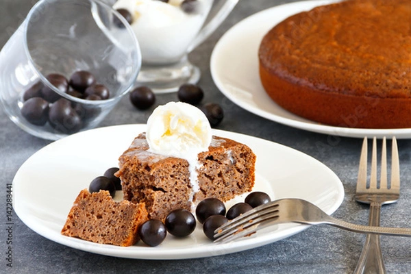 Obraz Homemade coffee pie with poppy and ice cream  on a white plate. Selective focus