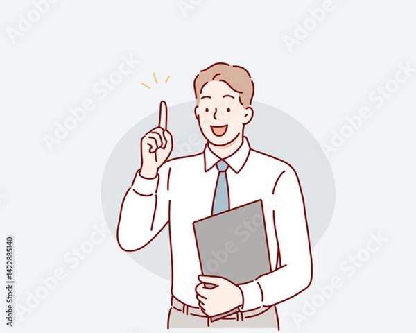 Obraz Business man pointing finger at something. Happy face. Hand drawn style vector design illustrations.