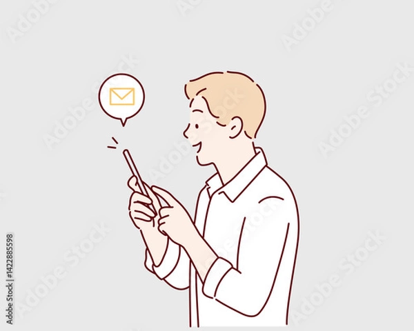 Obraz Man Messaging With Phone. Hand drawn style vector design illustrations.