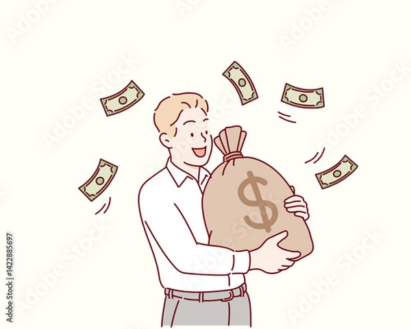 Obraz Man showing dollar bills with happy face.Showing money in front. Hand drawn style vector design illustrations.