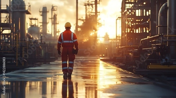 Obraz Worker Walking Towards Sunset at Refinery: An Industrial Golden Hour Scene
