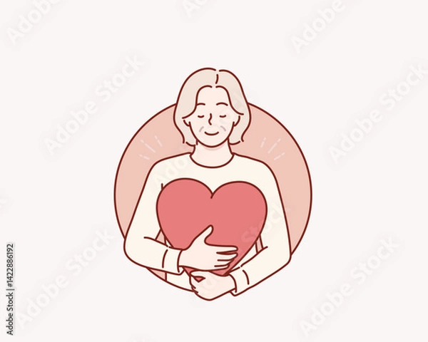 Obraz Love yourself, Self care, elderly woman hugging heart, acceptance and self love. Positive psychology, optimism and mental health. Hand drawn style vector design illustrations.