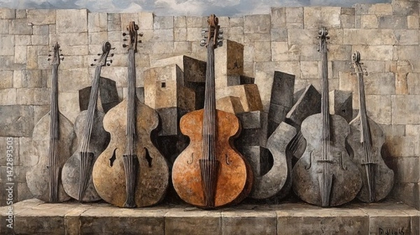 Fototapeta Artistic Display of String Instruments Against a Textured Background