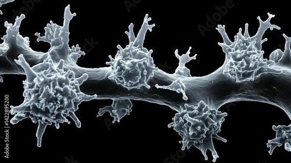 Fototapeta Microscopic View of Neurons with Spiky Projections on Dark Background