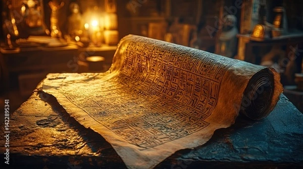 Fototapeta Ancient Scroll with Hieroglyphs on Rustic Table in Dim Light
