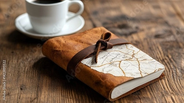 Fototapeta Vintage Leather Notebook with Map Design and Coffee Cup on Table