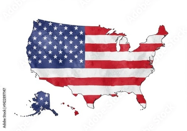Fototapeta United states map with american flag texture on a white background in a patriotic representation