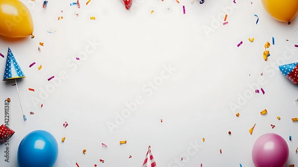Obraz Colorful festive decorations with balloons and party hats creating a vibrant birthday party atmosphere