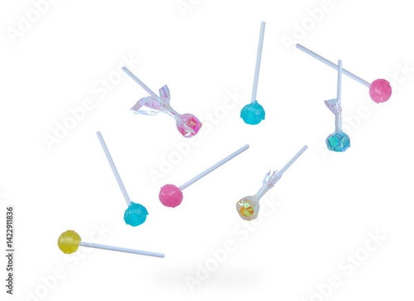 Fototapeta Different lollipopsfalling on white background with clipping path. Colorful round sweet lollipops on white. 