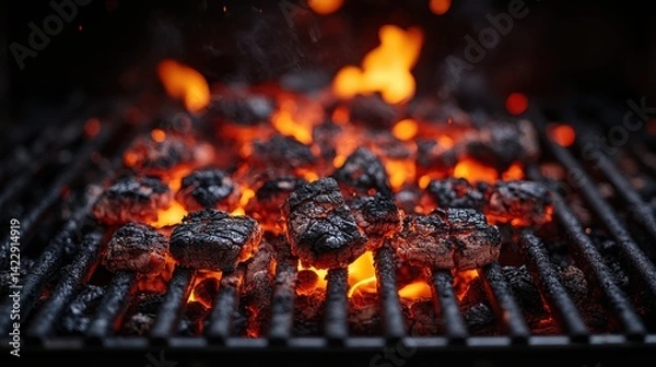 Obraz flaming barbecue grill with charcoal embers - stock photo