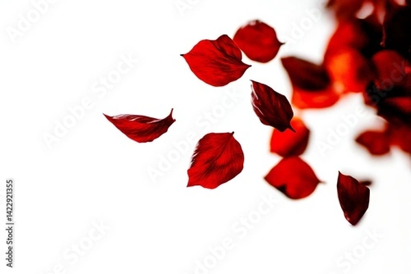 Obraz Red rose petals falling on white background