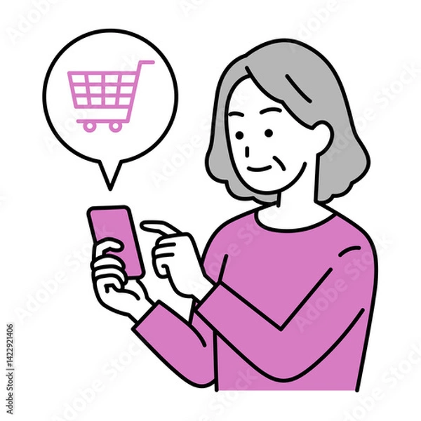 Fototapeta スマートフォンでネットショッピングをする年配の女性