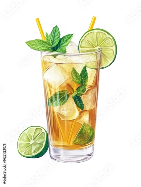 Fototapeta Refreshing iced beverage illustration with citrus garnish on dark backdrop