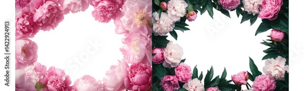 Obraz peony floral frame, pink and white flowers on transparent background.