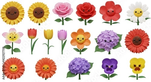 Fototapeta Diverse Array of Personified Cartoon Flowers with Unique Faces and Bright, Cheerful Colors