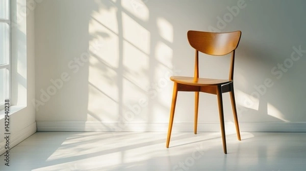 Fototapeta A close-up of a wooden chair on a white floor, with clean studio lighting to emphasize the texture