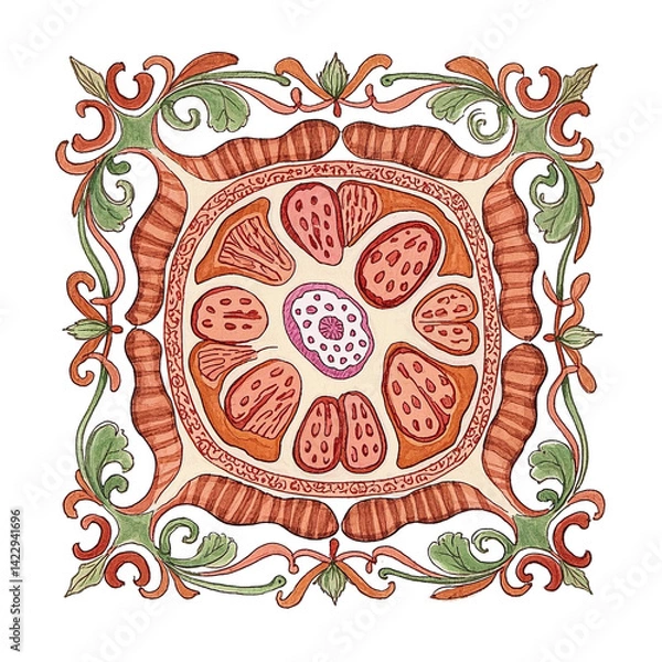 Fototapeta Hair follicle cross-section illustrated in Art Nouveau style, flowing organic lines, stylized cell  growth magnification skin history PNG file download