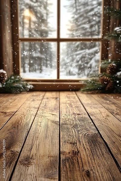 Fototapeta Snowy winter scene through window