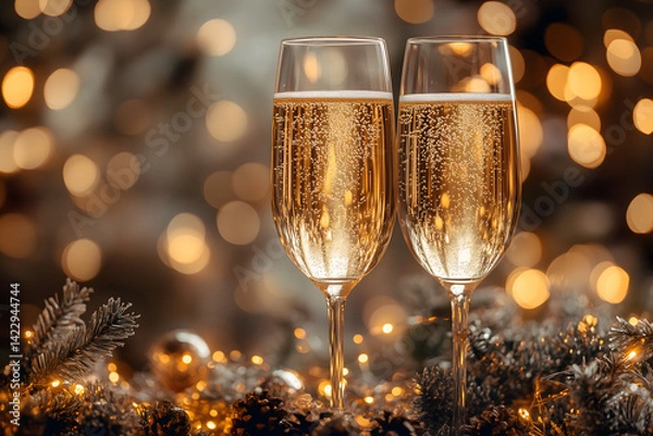 Fototapeta Two champagne glasses with bubbles and golden bokeh lights for a festive celebration