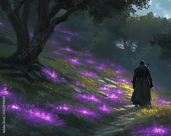 Fototapeta Solitary figure, mystical meadow, forest path