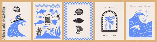 Obraz Abstract summer poster or card set in art doodle style with hand drawn surfer on the wave, underwater world, sun, palms, surfboard, sea, seashells. Trendy summer design for branding, ads, print, decor