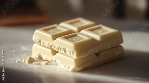 Fototapeta A macro shot of a piece of white chocolate on a white surface, illuminated by soft diffused lighting