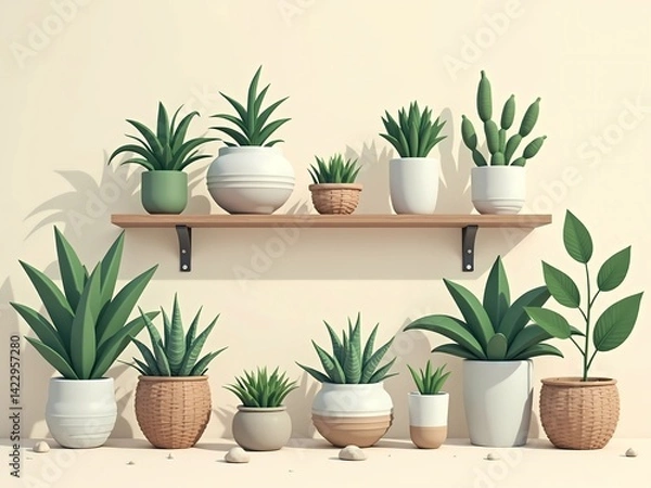 Fototapeta Minimalist plant shelf display with modern pots
