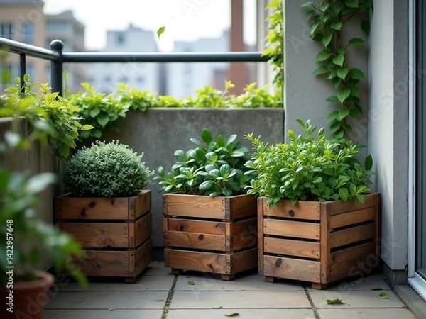 Fototapeta Lush greenery in wooden crates on city balcony
