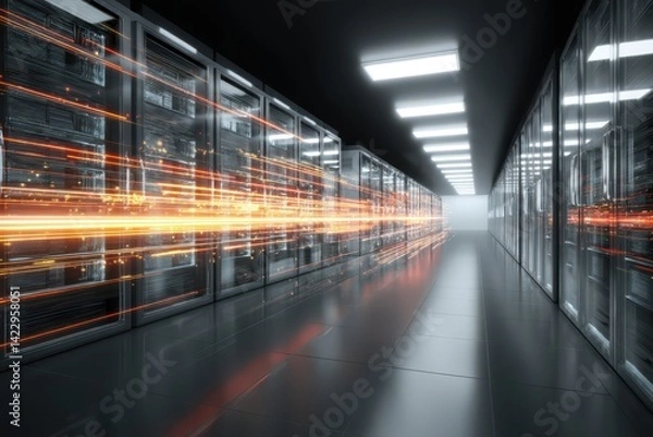 Fototapeta A futuristic data center corridor with illuminated servers and dynamic light streaks, symbolizing high-speed data transmission.