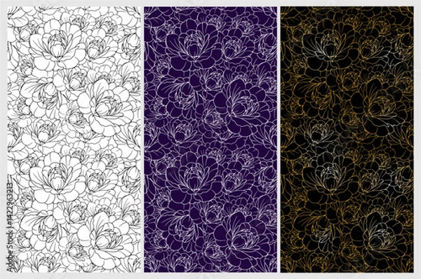 Fototapeta Vector seamless pattern. Outline rose flowers background set for fabric design, textile print, wrapping paper or web backgrounds.