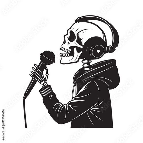 Obraz Silhouette of a little skeleton head with headphones and a microphone