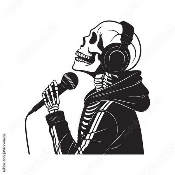 Obraz Silhouette of a little skeleton head with headphones and a microphone