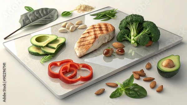 Fototapeta Balanced Zone Diet Flatlay with Lean Protein, Low-Glycemic Vegetables, and Healthy Fats on White Wooden Background