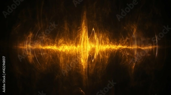 Obraz Golden Energy Waves on Black Background, Abstract Frequency Visualization