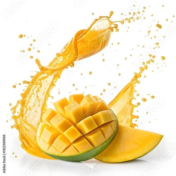 Fototapeta Floating mango slices with golden juice splash on white background – tropical fruit photo manipulation