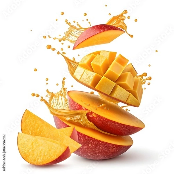 Fototapeta Floating mango slices with golden juice splash on white background – tropical fruit photo manipulation