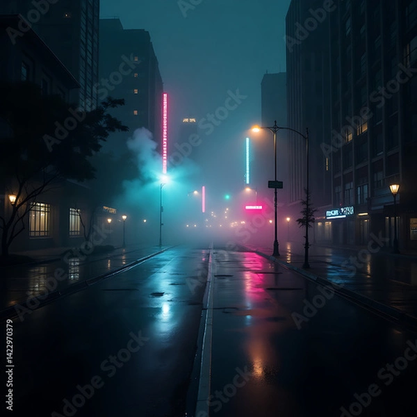 Fototapeta Wet asphalt, reflection of neon lights, a searchlight, smoke. Abstract light in a dark empty street with smoke, smog. Dark background scene of empty street, night view, night city