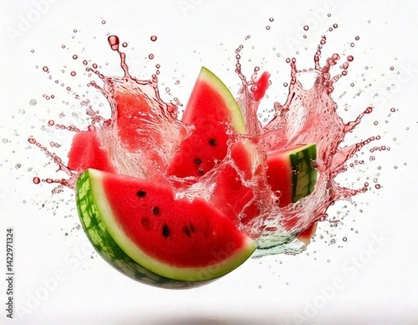 Fototapeta Artistic photo of watermelon pieces flying in the air with splash effect, isolated on white background