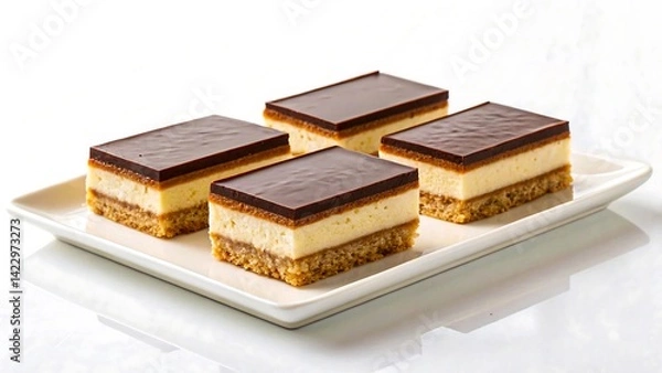 Fototapeta Layered chocolate and cream dessert bars with biscuit base on rectangular white plate
