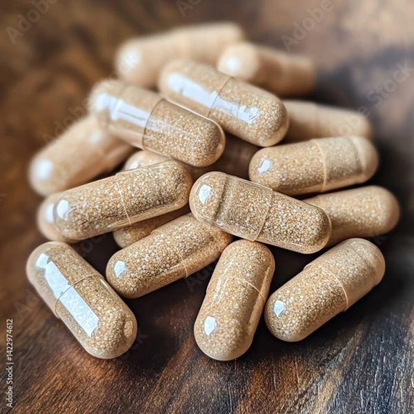 Fototapeta Many brown supplement capsules are piled together on a dark wood surface.  The image is a close-up view showcasing texture and detail. Perfect for health and wellness websites.