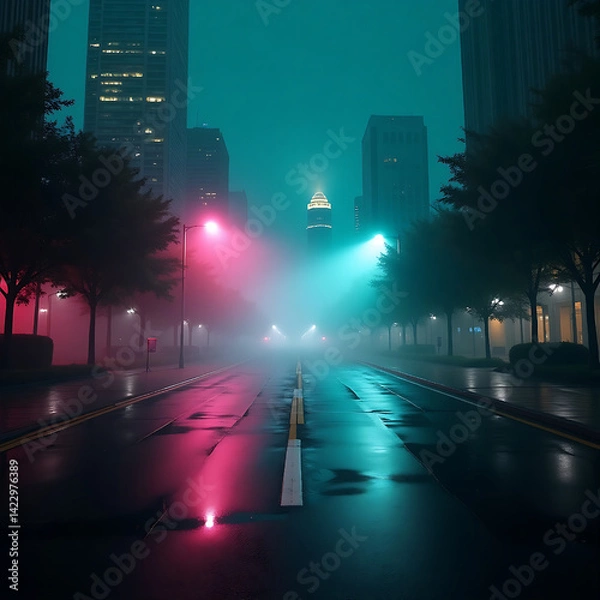 Fototapeta Wet asphalt, reflection of neon lights, a searchlight, smoke. Abstract light in a dark empty street with smoke, smog. Dark background scene of empty street, night view, night city