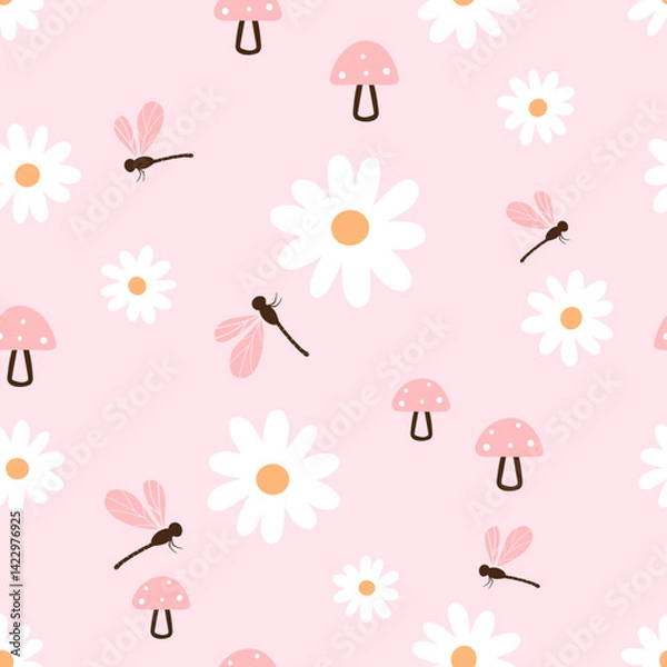 Fototapeta Seamless pattern with daisy flower, dragonfly cartoons and mushroom on pink background vector.